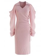 Sheer Sleeve Cold-Shoulder Bodycon Knit Dress in Pink