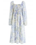 Shirred Square Neck Floral Chiffon Midi Dress in Blue
