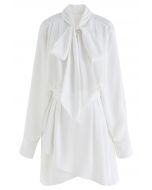 Bowknot Neckline Pleated Satin Dress in White
