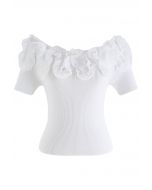 Ruffle Mesh Boat Neck Knit Top in White