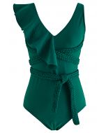 Braided Strap Ruffle Trim Swimsuit in Dark Green