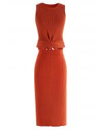 Tie Waist Knit Top and Pencil Skirt Set in Orange