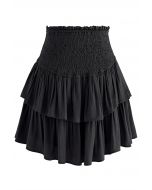 Tiered Ruffle Shirred Waist Mini Skirt in Black