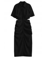 Cutout Waist Side Ruched Shirt Dress in Black