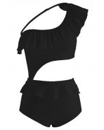 Ruffle One-Shoulder Cutout Swimsuit in Black