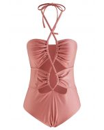 Cutout Crisscross Halter Neck Swimsuit in Pink