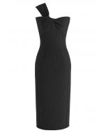 One-Shoulder Knotted Bodycon Knit Dress in Black