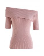 Folded Off-Shoulder Short-Sleeve Knit Top in Pink