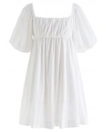 Square Neck Puff Sleeves Tie-Back Dress in White