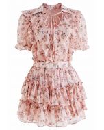 Ruffle Chiffon Top and Tiered Mini Skorts Set in Pink Floral