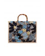 Sequin Floral Embroidered Bamboo Handle Tote Bag in Blue