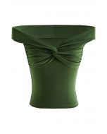 Twist Front Off-Shoulder Fitted Crop Top in Green