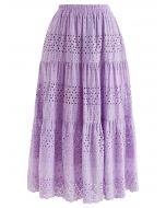 Floret Embroidered Eyelet Cotton Midi Skirt in Lilac