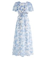 Watercolor Blue Floral Printed Cut Out Waist Maxi Dress