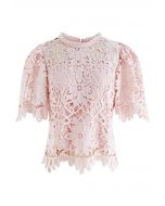 Flower Pattern Crochet Lace Flare Sleeves Top in Pink