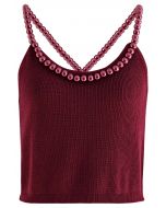 Beaded Strap Knit Crop Top in Red