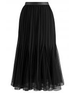 Panelled Pleated Mesh Tulle Midi Skirt in Black