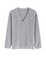 Slouchy V-Neck Lace-Up Knit Sweater in Grey
