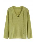 Slouchy V-Neck Lace-Up Knit Sweater in Moss Green