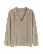 Slouchy V-Neck Lace-Up Knit Sweater in Light Tan