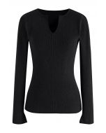 Notch Neckline Fitted Knit Top in Black