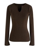 Notch Neckline Fitted Knit Top in Brown