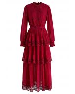 Crochet Lace Pleated Tiered Chiffon Maxi Dress in Red