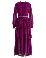 Crochet Lace Pleated Tiered Chiffon Maxi Dress in Burgundy