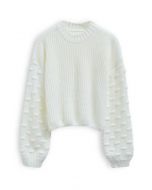 Playful Dotted Puff Sleeve Crop Sweater in White