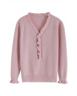 Ruffle Edge Button Front Knit Sweater in Pink