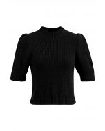 Mock Neck Short Sleeve Knit Sweater in Black