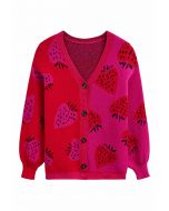 Two-Tone Strawberry Button Down Cardigan in Hot Pink