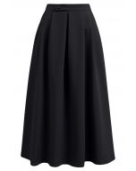 Button Decorated Pleated A-Line Skirt in Black