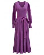 Captivating V-Neck Tie Waist Pleated Knit Dress in Purple