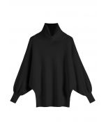 Turtleneck Batwing Sleeves Rib Sweater in Black