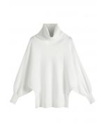 Turtleneck Batwing Sleeves Rib Sweater in White