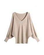 V-Neck Batwing Sleeves Pullover Knit Sweater in Camel