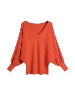 V-Neck Batwing Sleeves Pullover Knit Sweater in Orange
