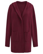 Patch Pockets Open Front Hooded Cardigan in Burgundy