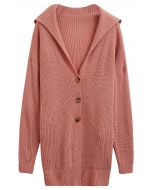 Flap Collar Button Down Longline Knit Cardigan in Coral