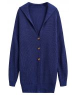 Flap Collar Button Down Longline Knit Cardigan in Navy