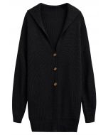 Flap Collar Button Down Longline Knit Cardigan in Black