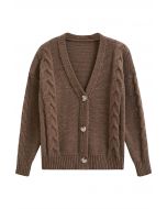 Braid Pattern Buttoned Knit Cardigan in Brown