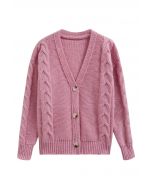 Braid Pattern Buttoned Knit Cardigan in Pink