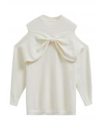 Bowknot Cold-Shoulder Knit Sweater in Cream