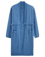 Open Front Fringed Waist Knit Cardigan in Blue