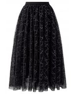 Sequined Embroidery Double-Layered Mesh Tulle Midi Skirt in Black