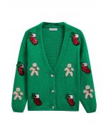 Sequined Gingerbread Man and Christmas Stocking Knit Cardigan in Green