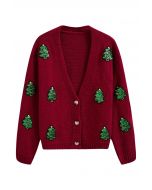 Sequin Christmas Tree Patch Button-Up Cardigan in Red