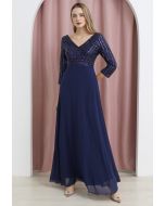 Exquisite Sequin V-Neck Chiffon Maxi Gown in Navy
